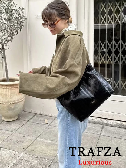TRAFZA Women’s Casual Bomber Jacket — Oversized Lantern Sleeve Spring/Summer Coat, 2025 Streetwear Zipper Outerwear