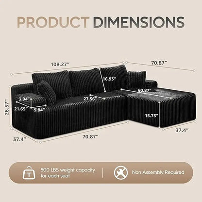 Modular L-Shaped 3-Seat Sectional Sofa — Memory Foam, Deep Seating & Storage