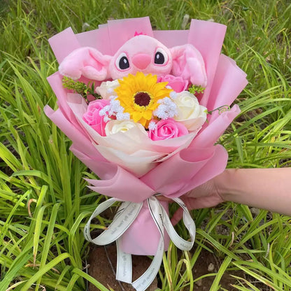 Cartoon Stitch Plush Doll with Flowers – Handmade Stuffed Animal Bouquet for Valentine’s, Christmas & Graduation Gifts