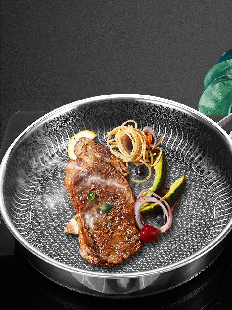 Tri-Ply 316 Stainless Steel Wok Pan with Double-Sided Honeycomb Skillet - Suitable for All Stoves