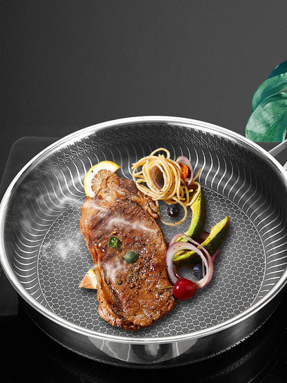 Tri-Ply 316 Stainless Steel Wok Pan with Double-Sided Honeycomb Skillet - Suitable for All Stoves