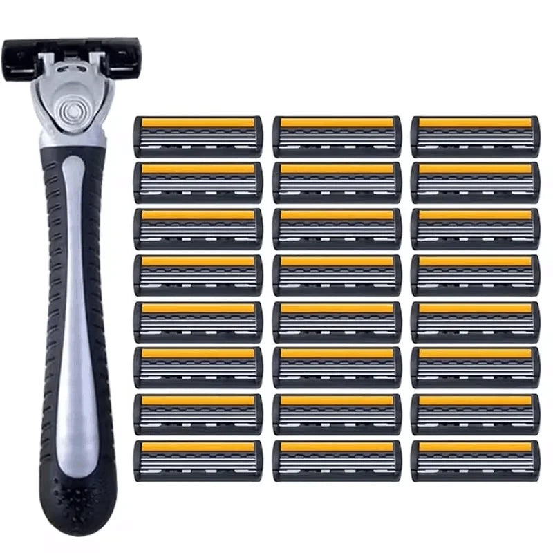 Men’s Reusable Safety Razor with Triple Blades – Anti-Slip Handle, Skin Guard, Travel Shaving Kit Variety Pack