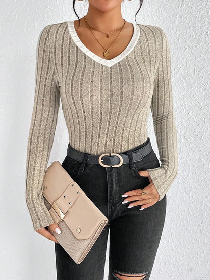 Women’s Slim V-Neck Knit Long Sleeve Top – Sexy Casual Pullover for Autumn & Winter
