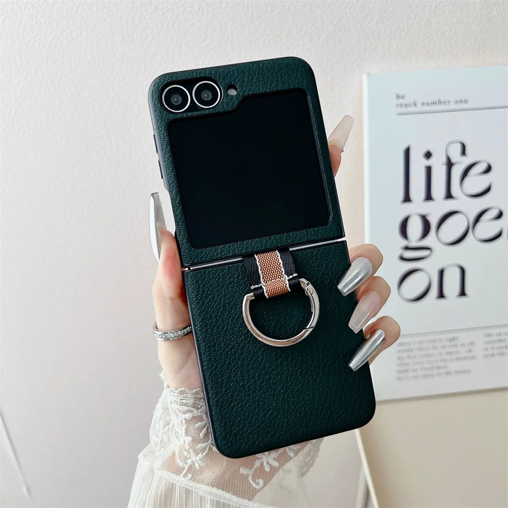 Ultra-Thin Ring Holder PU Leather Luxury Case for Samsung Galaxy Z Flip 6 / 5 / 4 / 3 – Slim Flip Phone Protective Cover with Kickstand Grip Design