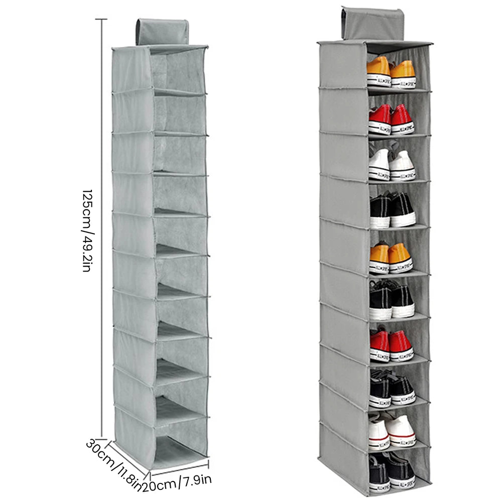 10-Layer Foldable Hanging Shoe Organizer – Non-Woven Space-Saving Shoe Rack for Home Bedroom Closet