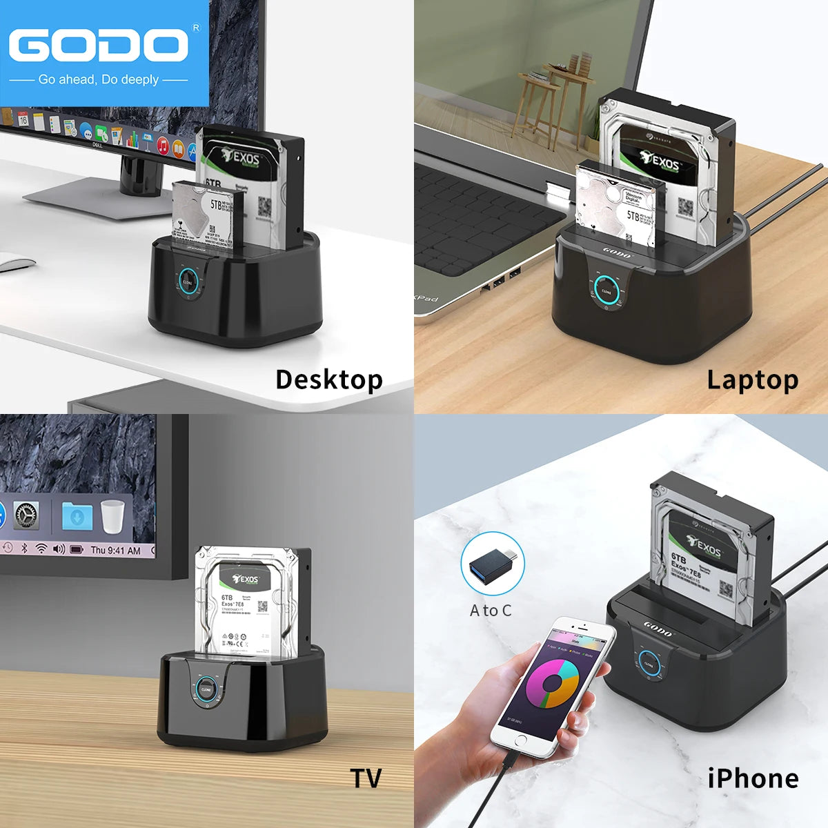 GODO Dual Bay USB 3.0 Hard Drive Docking Station – SATA 2.5"/3.5" HDD & SSD Enclosure with LED Indicator and Fast Data Transfer