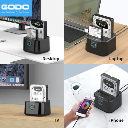 GODO Dual Bay USB 3.0 Hard Drive Docking Station – SATA 2.5"/3.5" HDD & SSD Enclosure with LED Indicator and Fast Data Transfer