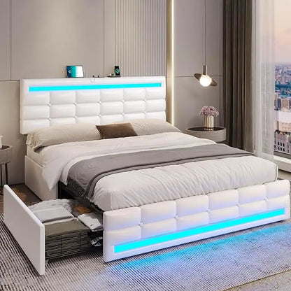 LED Full Size Bed Frame – Upholstered Platform Bed with LED Headboard & Footboard, Square Stitched Tufted Design