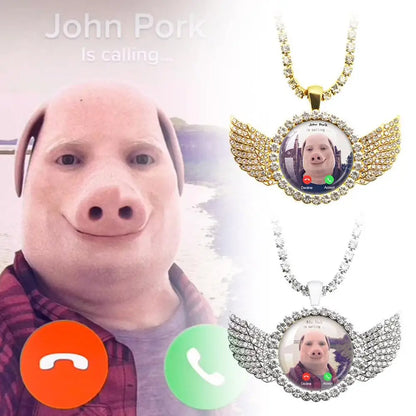 John Pork Calling Necklace - Funny Pig Lover Moon Pendant with Angel Wings Graphic Jewelry Gift