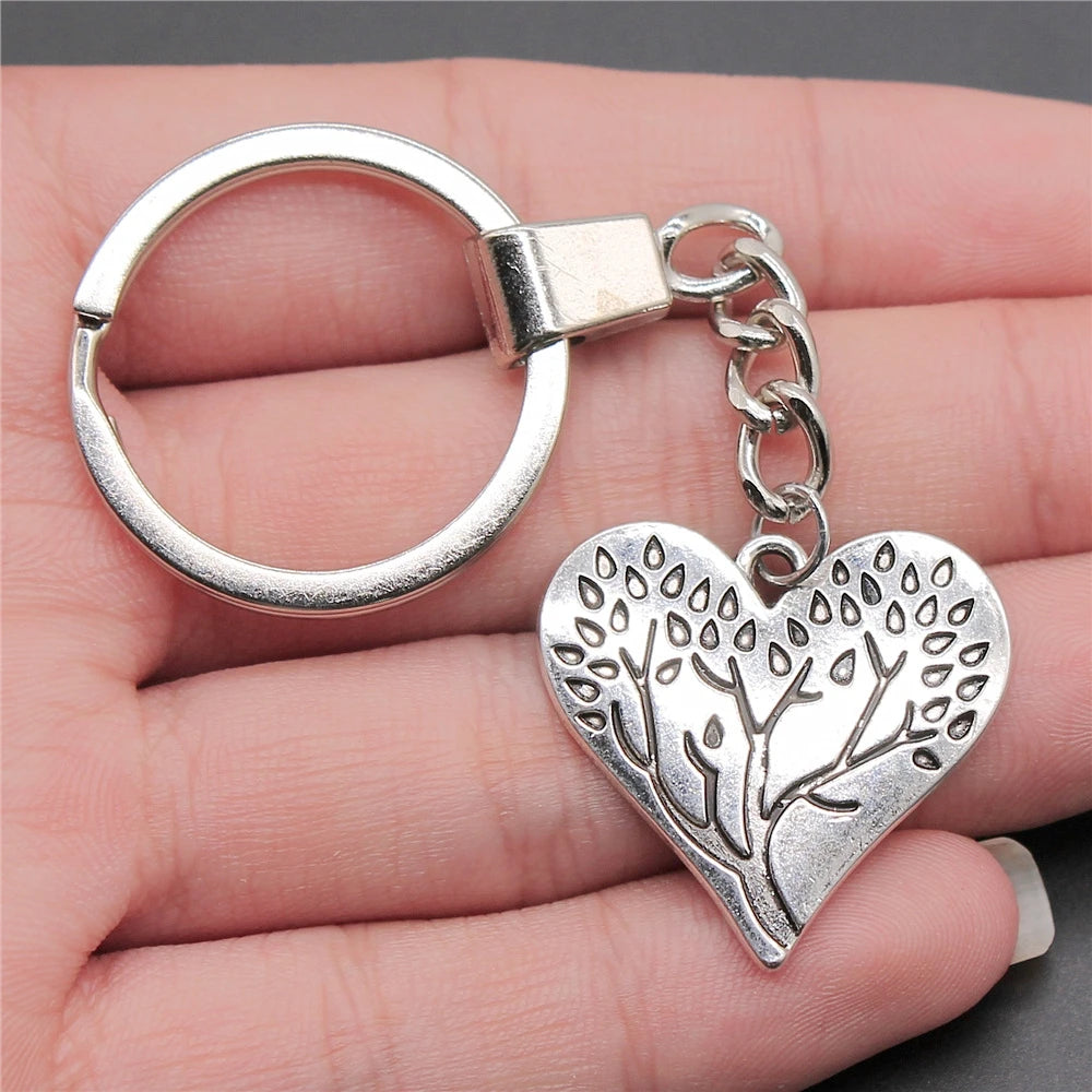 New Fashion Men 30mm Metal Alloy Keychain with Vintage Heart, Flower, Rose, Sunflower & Tree Pendant DIY Keyring Holder Chain Accessory