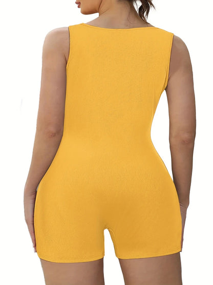 Plus Size Women’s Ribbed Yoga Jumpsuit - Square Neck Sleeveless Fitness Bodysuit for Summer Workouts