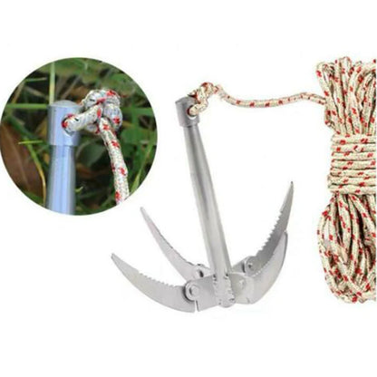 Outdoors Grappling Hook Survival Tool with Rope – Folding Boat Anchor for Canoes & Fishing Supplies