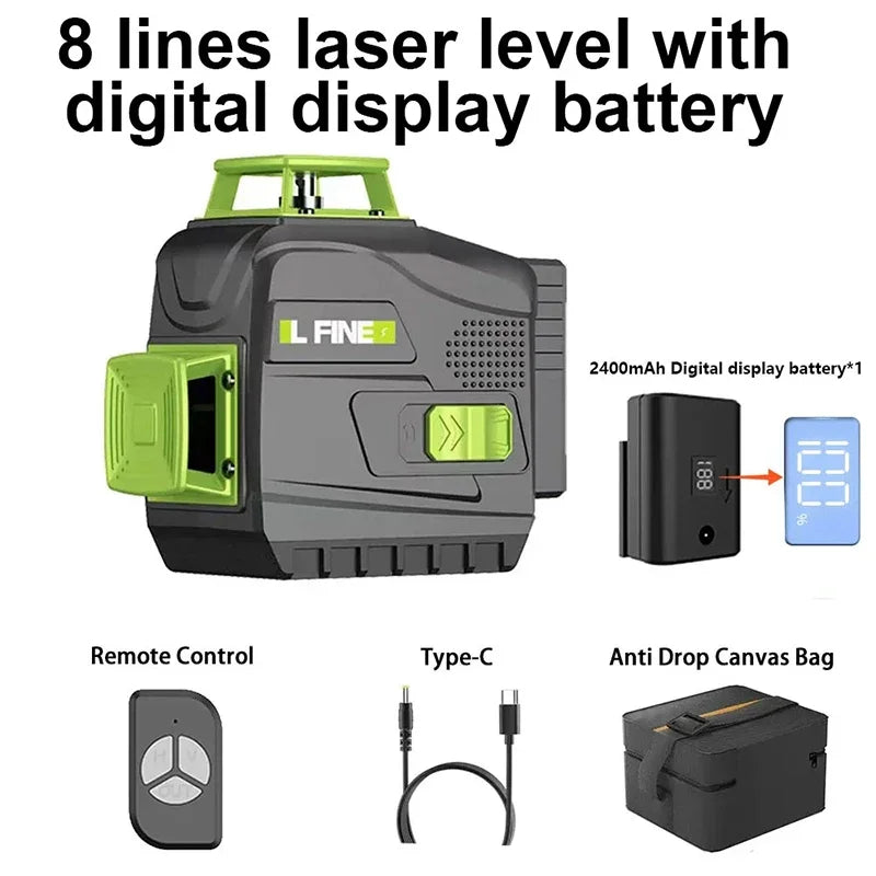 LFINE 3D/4D Laser Level — 12/16 Line Horizontal & Vertical Self-Leveling 360° Laser with Remote Control (8 Lines)