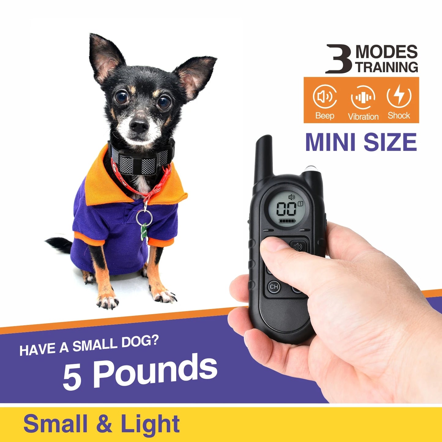 Rechargeable Anti-Bark Training Collar for Small Dogs 5–15 lbs – Ultra-Light Electric Behavior Correction Dog Collar