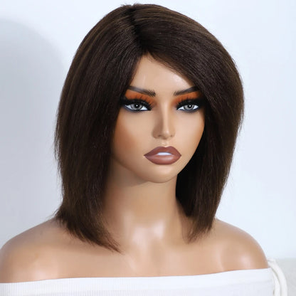 Lekker Short Kinky Straight Bob Wig - 12" Glueless Brazilian Remy Human Hair, Natural Brown, Ready to Wear