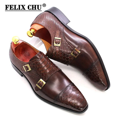 Men’s Genuine Leather Monk Strap Shoes - Double Buckle Snake Print Cap Toe Italian Style Dress Shoes