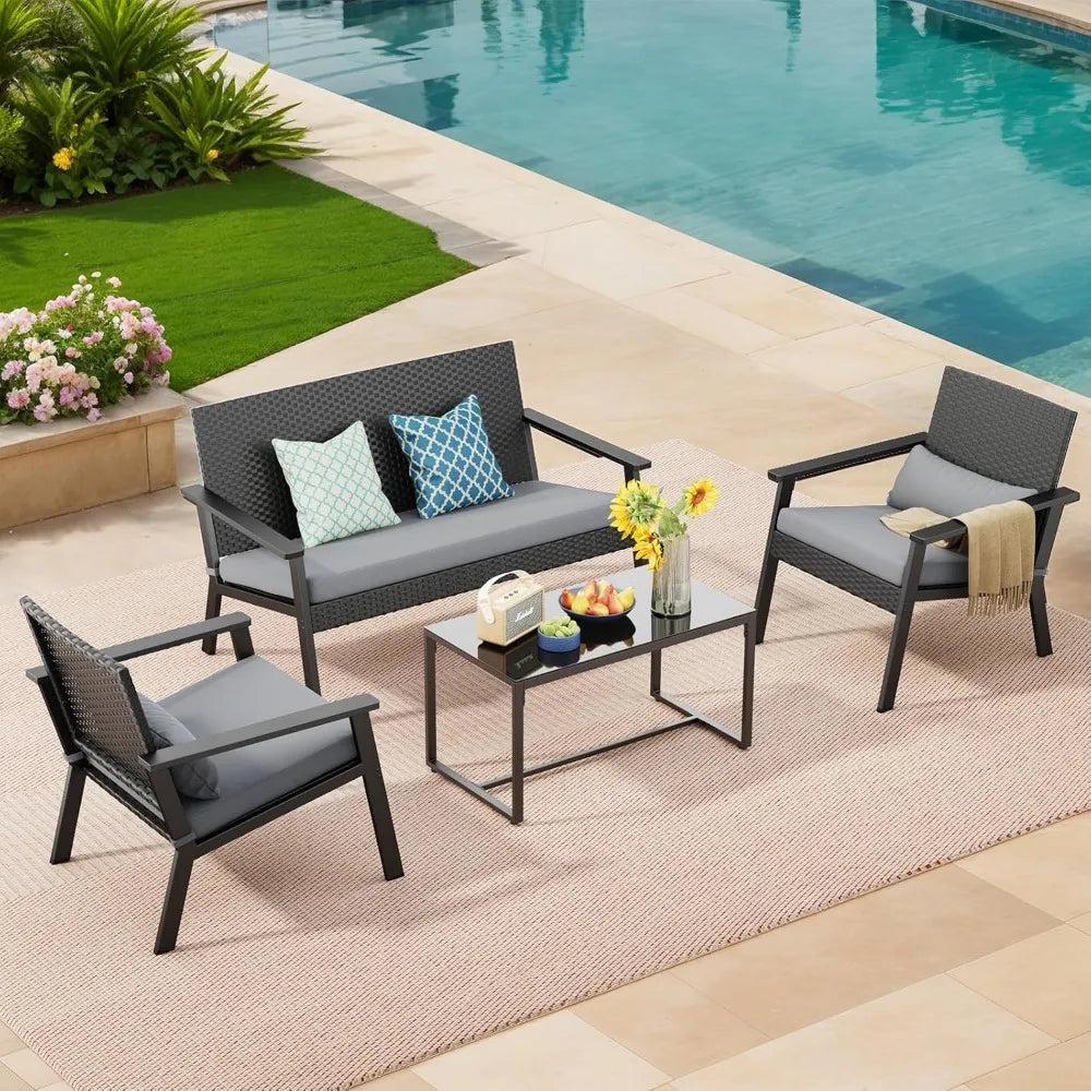 4-Piece Wicker Patio Furniture Set with Cushions & Table – Outdoor Seating for Balcony, Backyard & Porch