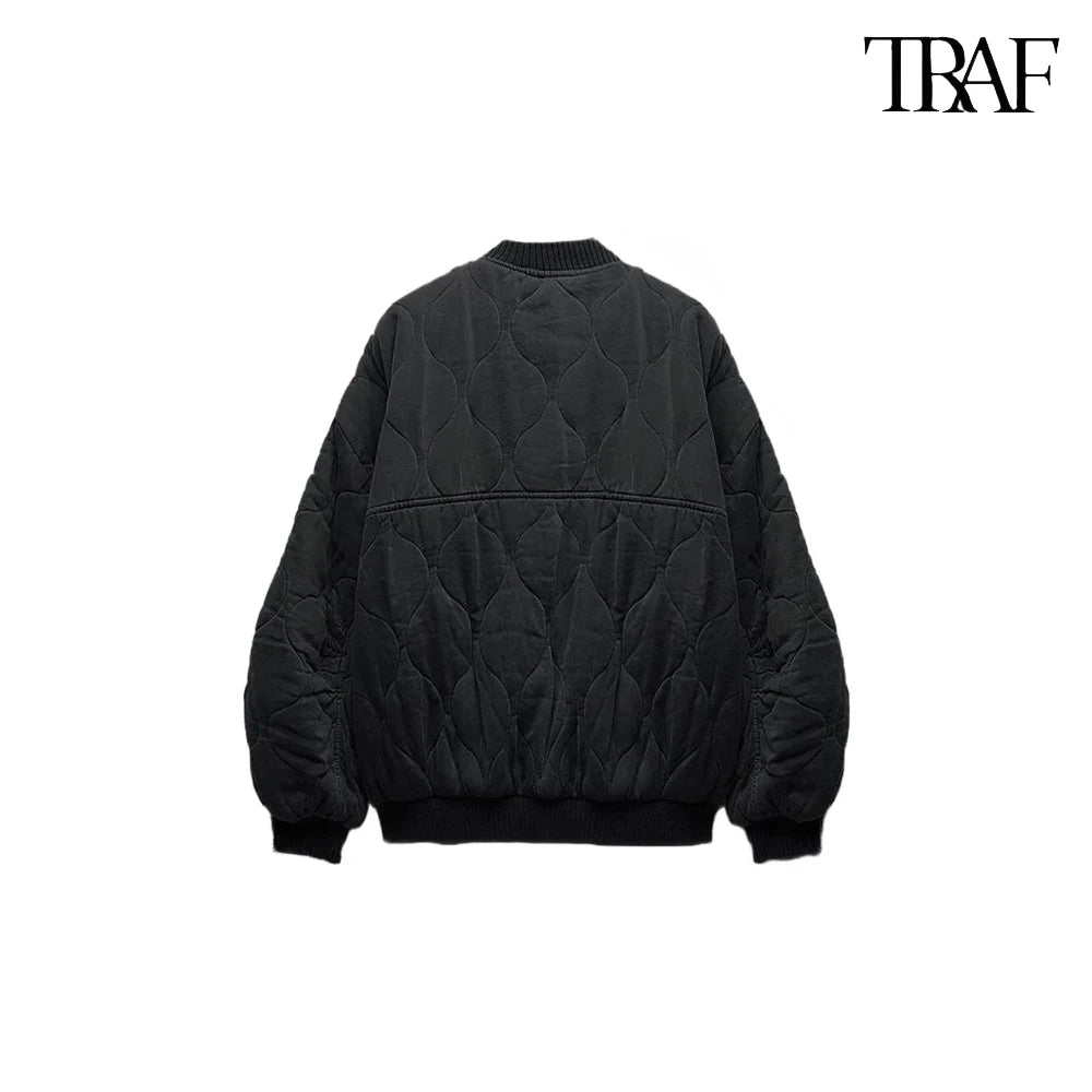 TRAF Women’s Quilted Aviator Jacket – Solid Color Round Collar Long Sleeve Casual Coat