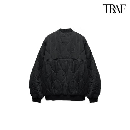 TRAF Women’s Quilted Aviator Jacket – Solid Color Round Collar Long Sleeve Casual Coat