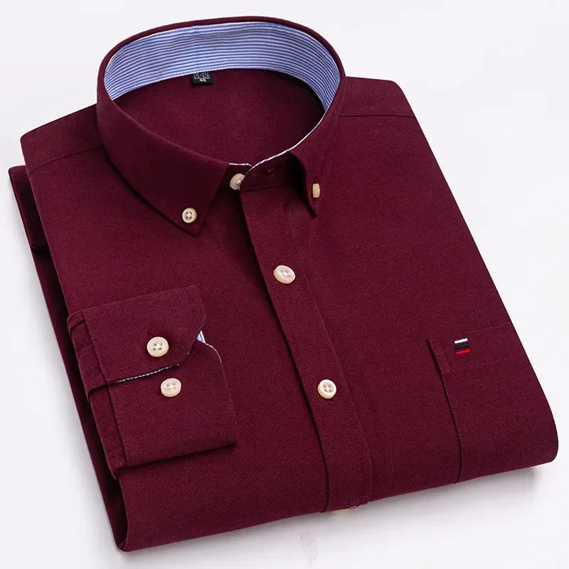 Men’s Cotton Oxford Shirt - Smart Casual Long Sleeve Plaid Print Dress Shirt, Regular Fit up to 6XL