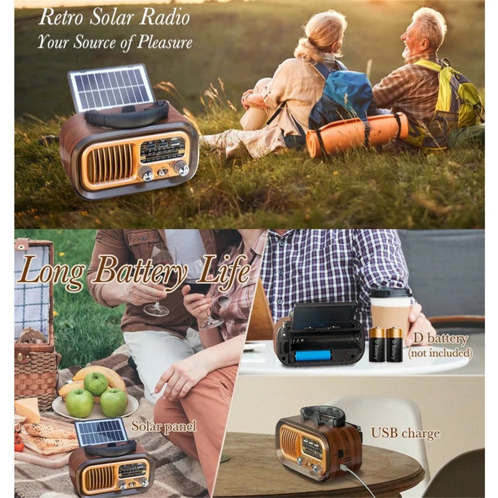 Solar-Powered AM/FM Radio with Bluetooth - Portable Vintage Stereo Speaker, USB Rechargeable with Large Tuning Knob