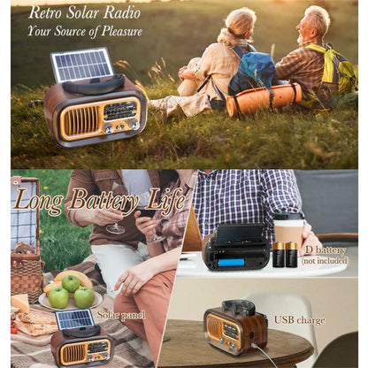 Solar-Powered AM/FM Radio with Bluetooth - Portable Vintage Stereo Speaker, USB Rechargeable with Large Tuning Knob