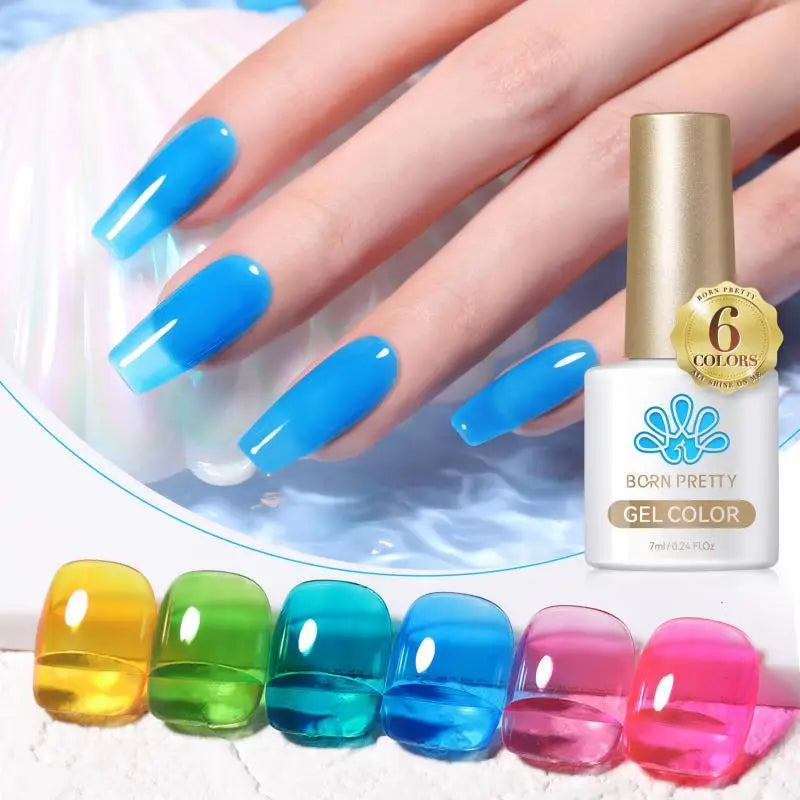BORN PRETTY 7ml 6Pcs Soda Ice Jelly Gel Nail Polish Set - Gorgeous Full Coverage, Semi-Permanent Soak Off UV Gel Varnish