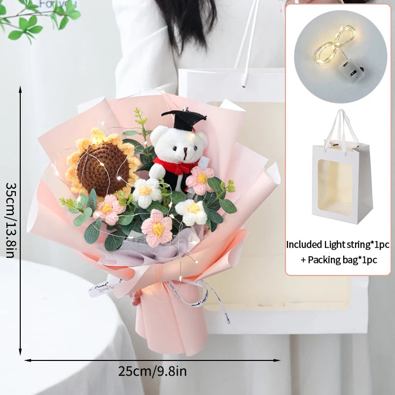 DIY Simulated Flower Bouquet – Crochet Sunflower Finished Product, Graduation, Doctoral, Valentine’s Day & Birthday Gift with Bear