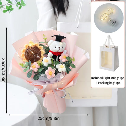 DIY Simulated Flower Bouquet – Crochet Sunflower Finished Product, Graduation, Doctoral, Valentine’s Day & Birthday Gift with Bear