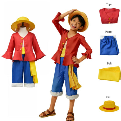 Monkey D. Luffy Halloween Cosplay Costume - Anime Straw Hat Pirate Outfit Set for Boys with Coat, Pants & Belt