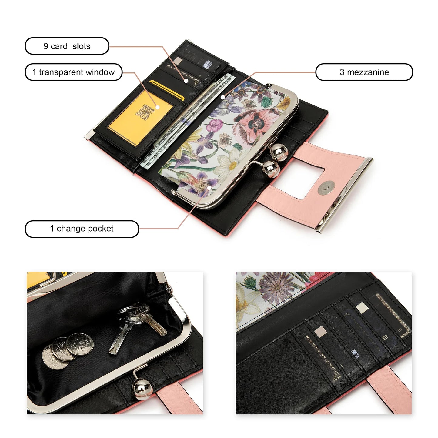 Women’s Leather Wallet — Large Capacity Long Purse with 10 Card Slots and Clips, Zero SY5025