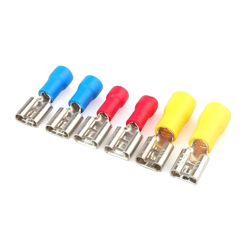 100/50/10PCS Insulated Female Crimp Wire Terminals – 2.8mm 4.8mm 6.3mm Spade Electrical Connectors (Red, Blue, Yellow)