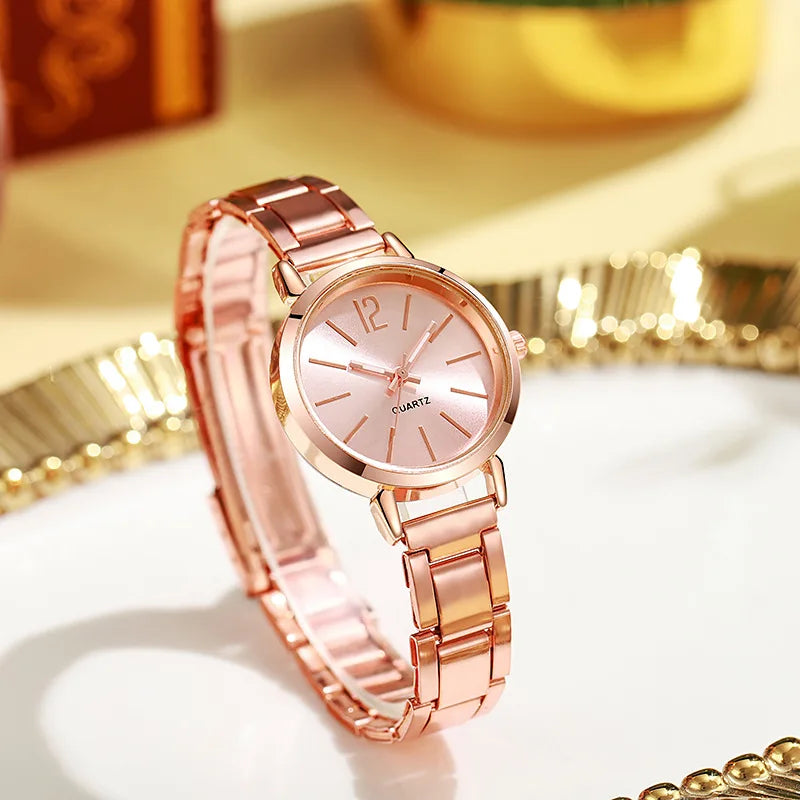 2PCS Set Luxury Women's Watches – Simple Dial, Hollow Strap Gold Bracelet Quartz Wristwatch for Students & Ladies