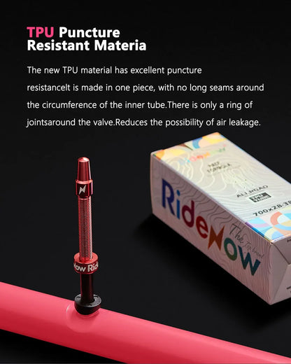 RideNow Metal Nozzle TPU Inner Tube – Removable Valve Cores, External Thread, 700C x 18-32C/32-47C Road Bike & Gravel Presta Valve
