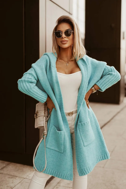 2023 Autumn/Winter Sweater Cardigan – Lapel Hooded Long Knit Coat with Letter Design, Loose Fit for Women