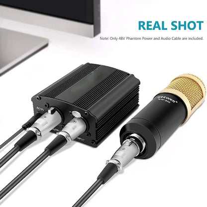 48V Phantom Power Supply Kit - XLR 3-Pin Microphone Cable & Adapter for Condenser Recording Mics