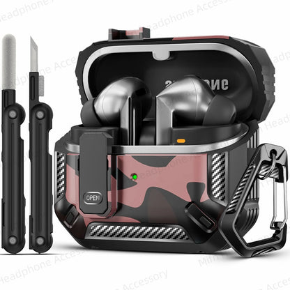 Shockproof Carbon Fiber Camouflage Case for Galaxy Buds 3 Pro – Secure Lock Clip & Cleaning Kit Included – Full Body Protective Cover