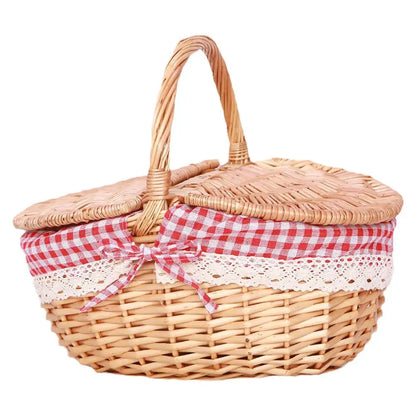 Handmade Wicker Picnic Basket with Handle – Multi-Purpose Willow Woven Storage Hamper for Outdoor Camping and Fruit
