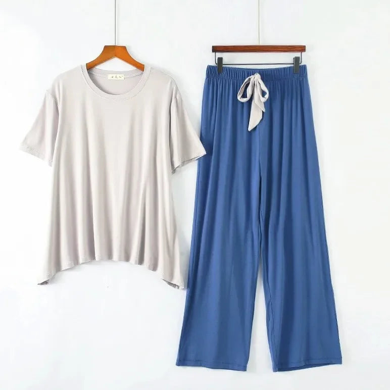 Women's Summer Modal Pajamas Set – Lightweight Short Sleeve Top and Loose Trousers Two-Piece Homewear