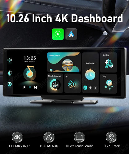 OBDPEAK K2 2.0 Dash Cam – 10.26" 4K Car DVR with CarPlay & Android Auto, GPS Navigation, Rearview Mirror Video Recorder