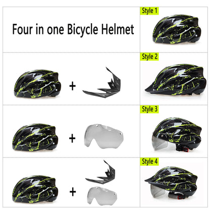 PJT 4-in-1 Lightweight Cycling Helmet - 18 Breathable Holes, Detachable Sun Visor & Goggles for Adults, Road & MTB Bike Helmet