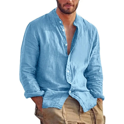 Men's Linen Stand Collar Shirt - Lightweight Breathable Long Sleeve Casual Shirt