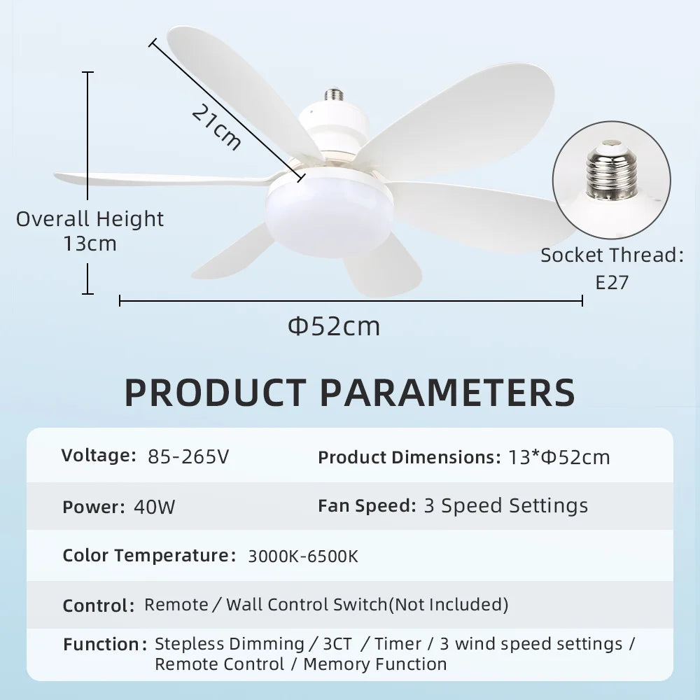 E27 LED Ceiling Fan Light - Remote Control Dimming 3-Color Lighting with 3-Speed Fan for Living Room & Kitchen