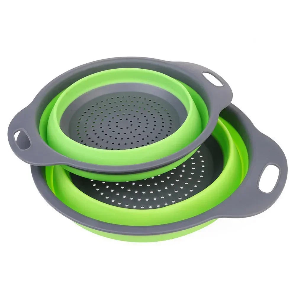 Foldable Silicone Colander - Round & Square Fruit Vegetable Washing Basket Strainer with Collapsible Drainer Handle, Essential Kitchen and Bar Tools