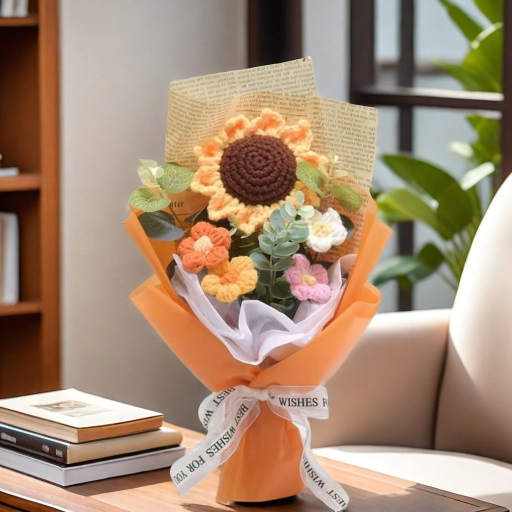 Efun Handmade Crochet Flower Bouquet — Sunflower & Daisy Arrangement for Valentine’s, Wedding, Anniversary, Mother’s Day & Birthday Gift