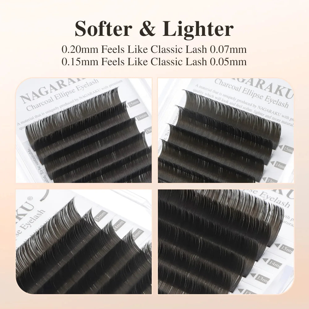 NAGARAKU Flat Ellipse Eyelash Extensions – L Curl Matte Charcoal Split Tip Lashes 0.15/0.20 Super Soft Natural Look