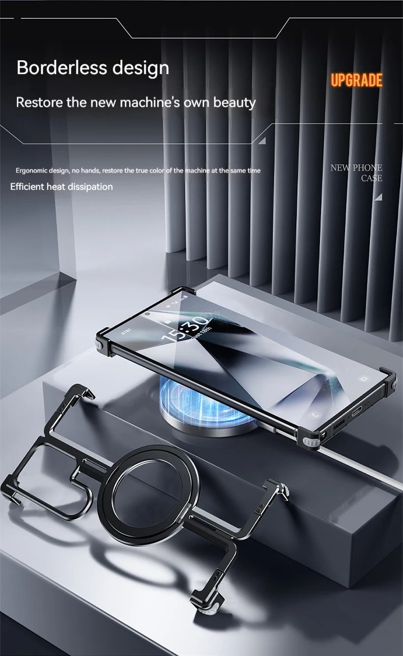 Magnetic Metal Phone Case for Samsung Galaxy S24/S23 Ultra – Aluminum Alloy Frameless Bumper with Finger Ring
