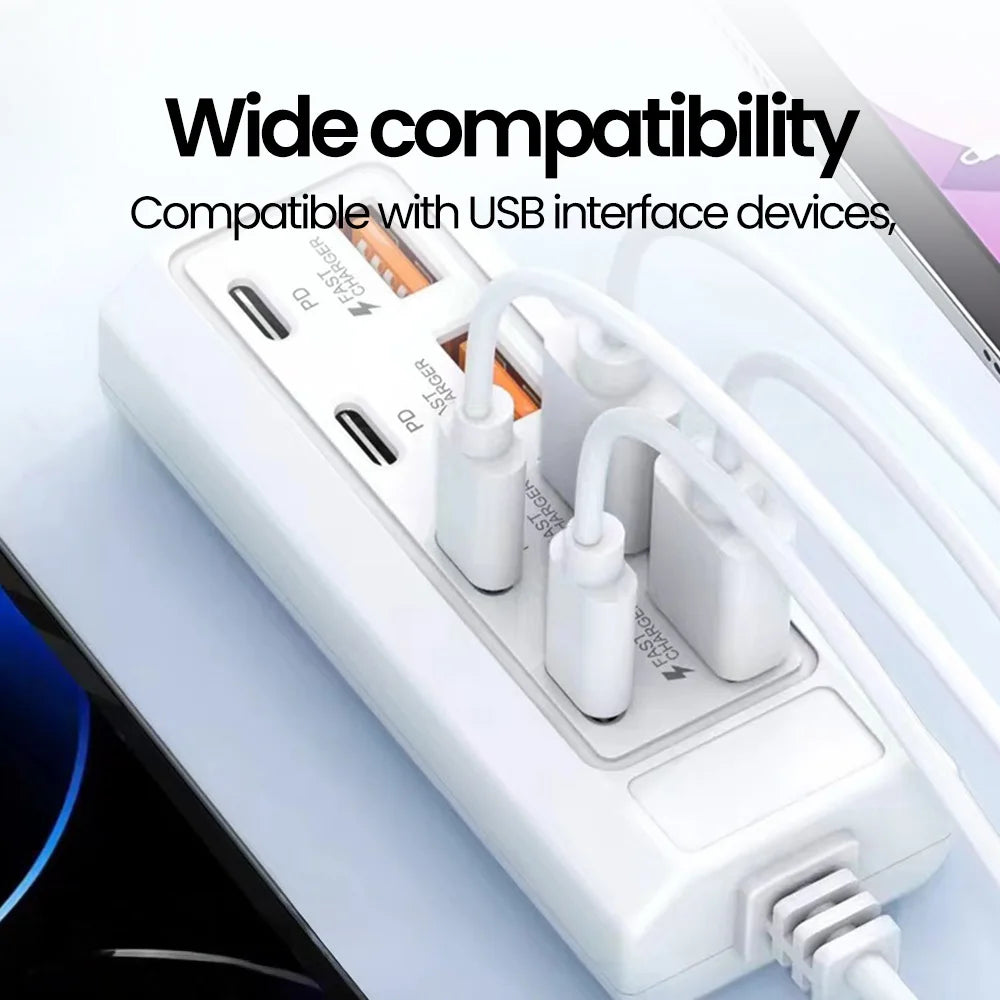 8-in-1 USB Power Outlet Adapter - 25W Fast Charging Docking Station with USB Splitter & Extension Socket