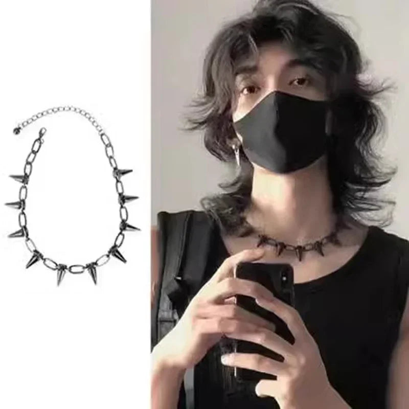 Fashion Punk Spike Choker Necklace – Goth Rivet Metal Chain Collar for Unisex Rock & Nightclub Jewelry