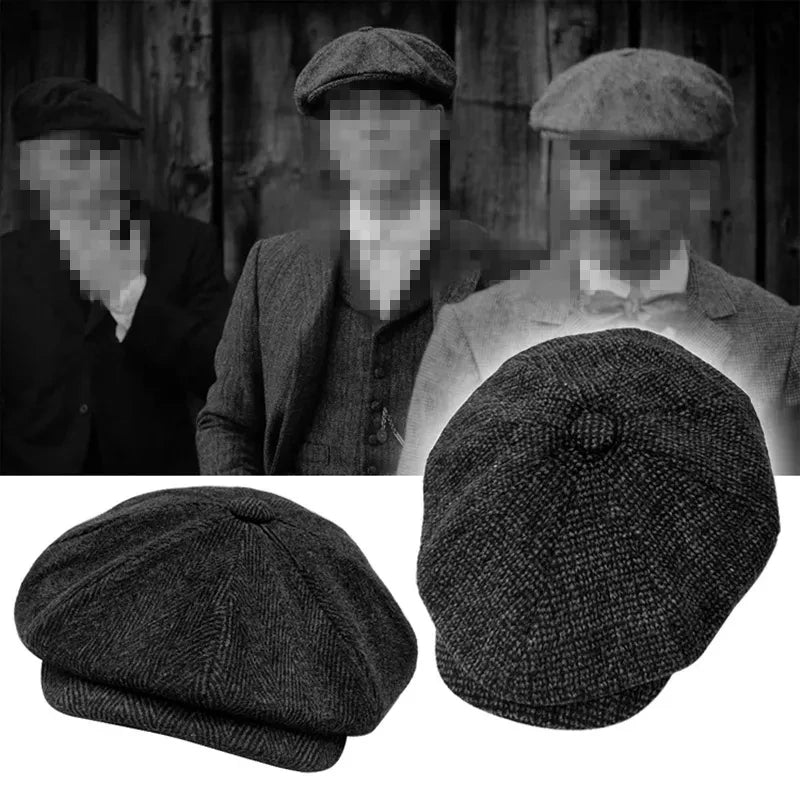 Retro Men’s Newsboy Cap — British Octagonal Herringbone Flat Painter Hat Autumn Winter Hip Hop Beret